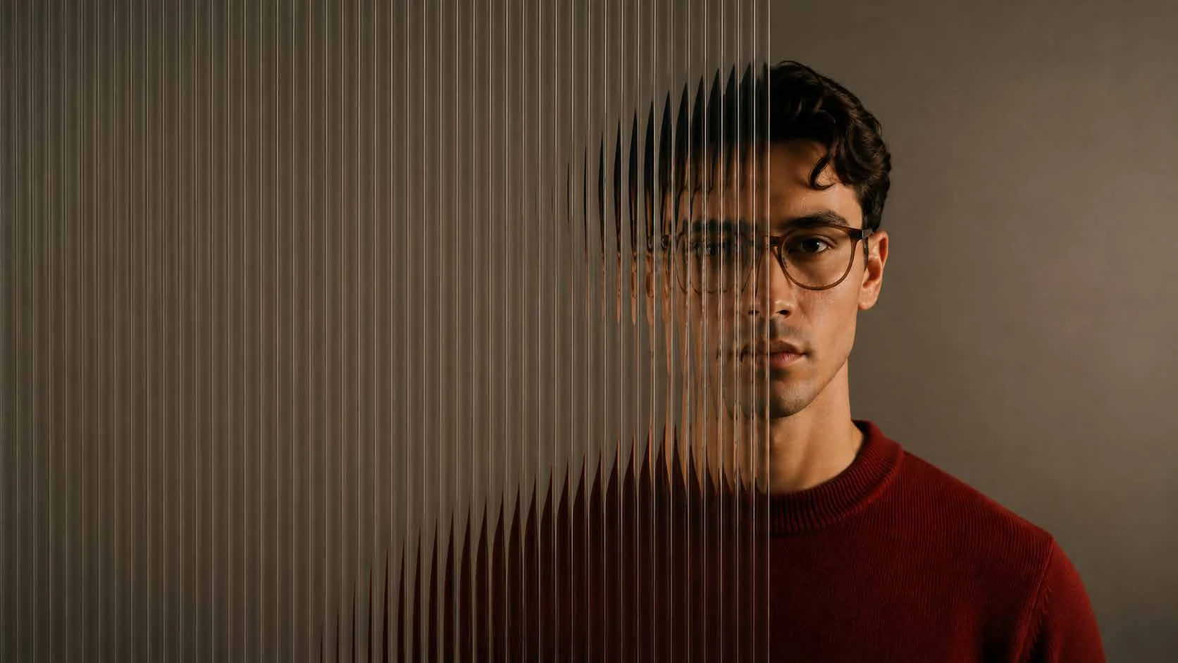 Portrait seen through clear and distorted glass